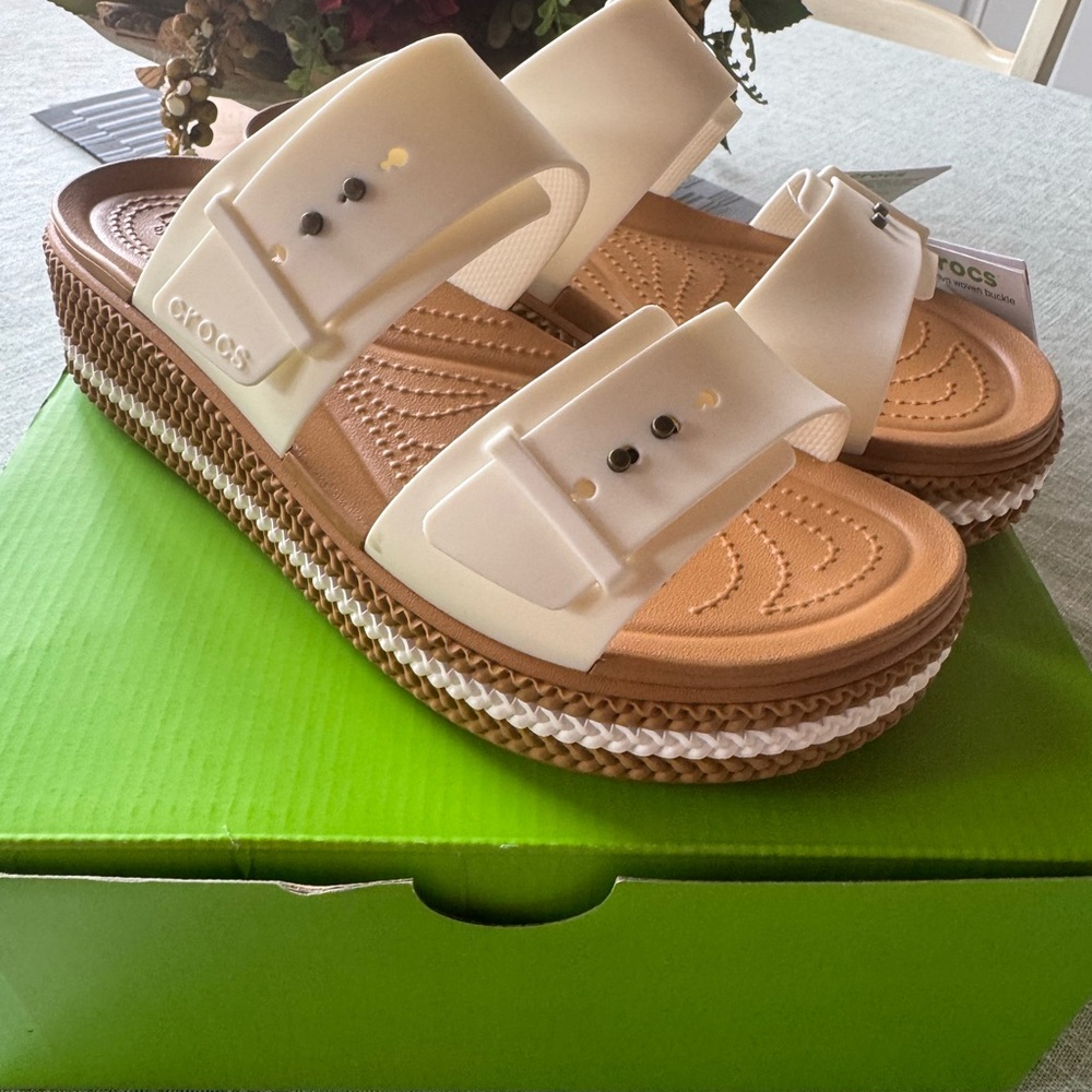 CROCS Women's White and Tan Sandals size 10
